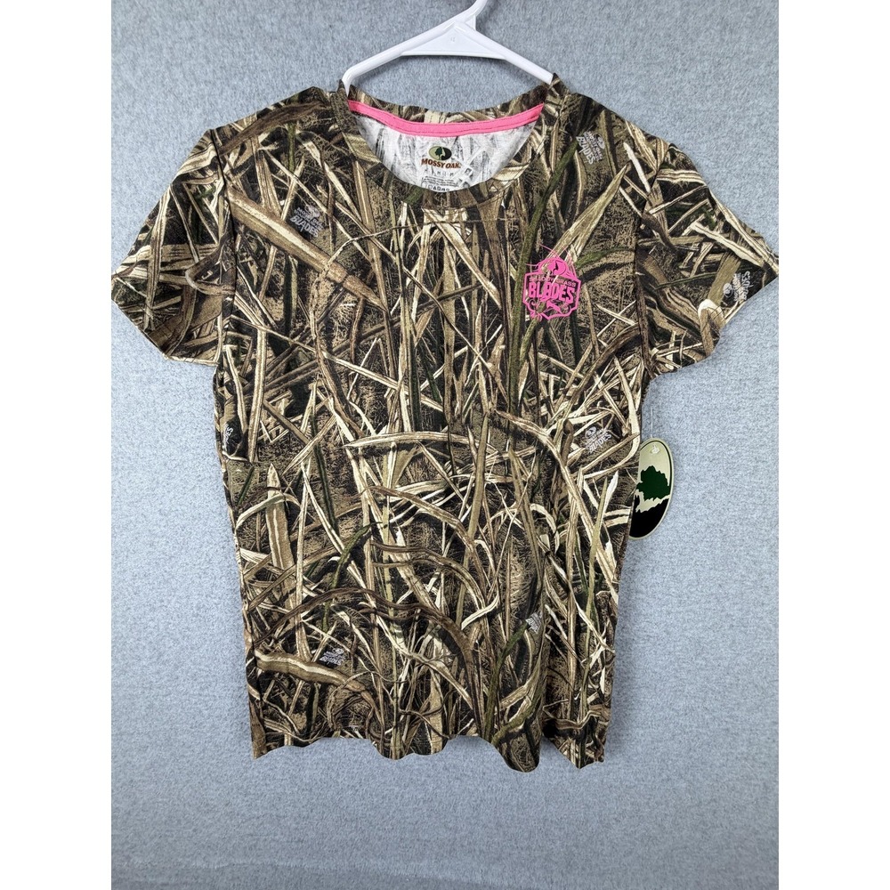 Mossy Oak Shirt Womens Medium Brown Camo Blades Crewneck Short Sleeve Outdoor